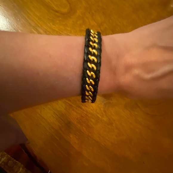 Gold Plated Stainless Steel Chain & Wrapped Leather Bracelet 9" - Picture 1 of 6